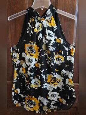 EUC Women's Black Floral Halter Top with Yellow Accents